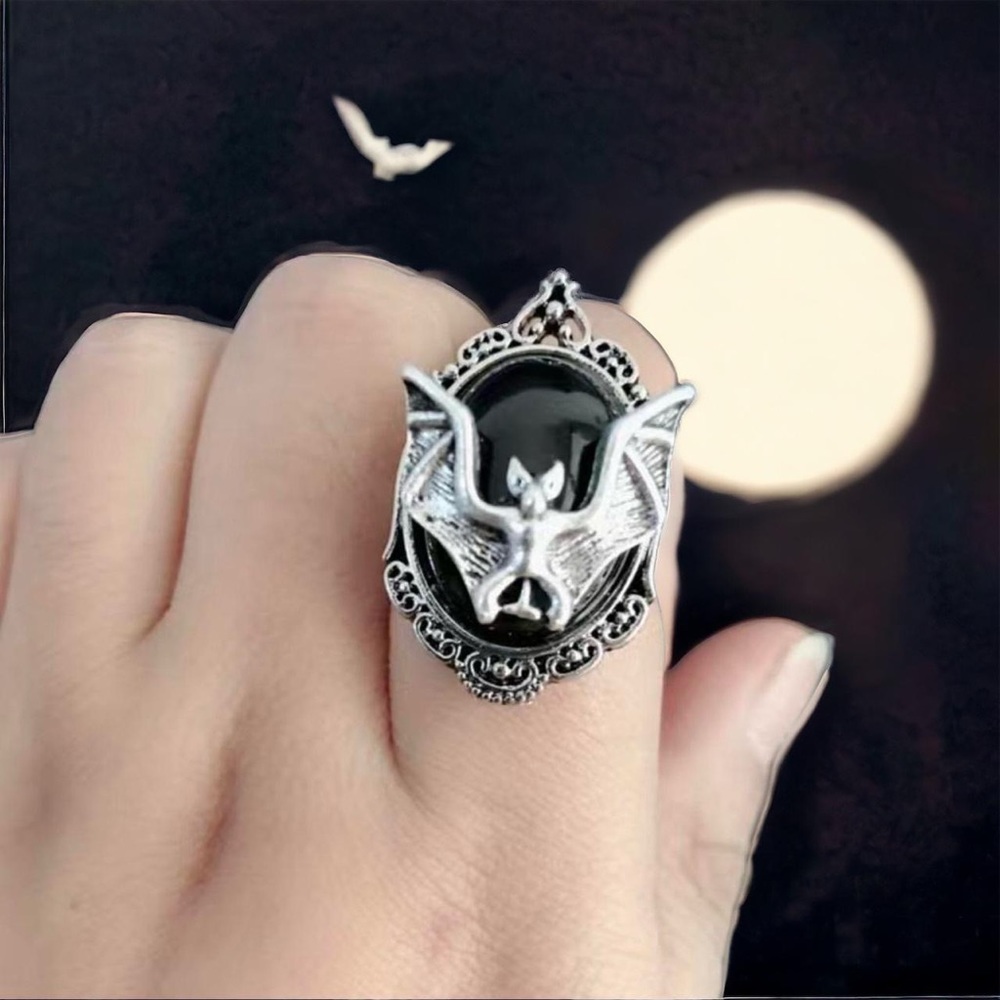 Bat Black Faux Gemstone Open Finger Adjustable Ring Silver Plated Faux Fashion J